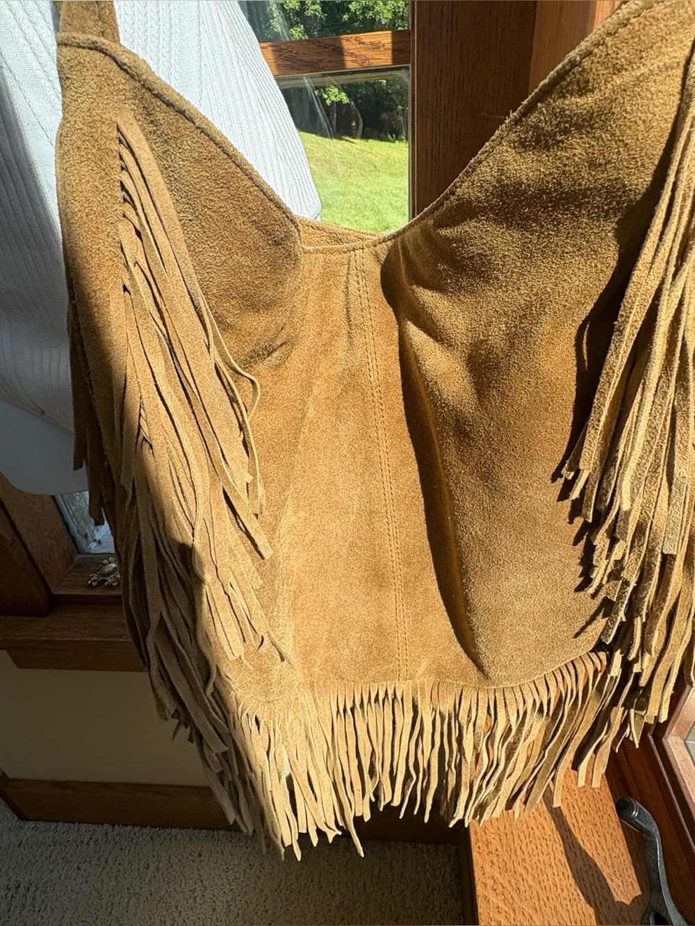 Vintage Brown Suede Long Fringe Bag Purse Green Coast XL - Picture 6 of 12